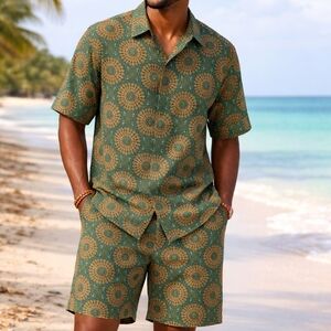 Vatpave Men's Hawaiian Sunflower S/Sleeve Shirt & Short Set XXL NWT Cotton Blend